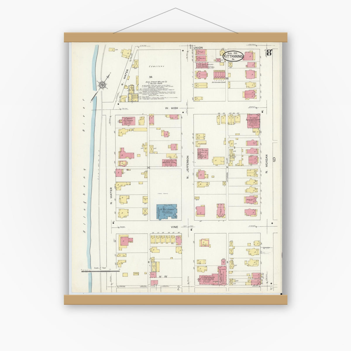 Old map wall art mockup — magnetic wood frame on white wall — Sanborn Fire Insurance Map from Kittanning, Armstrong County, Pennsylvania (1913), Sheet #0008