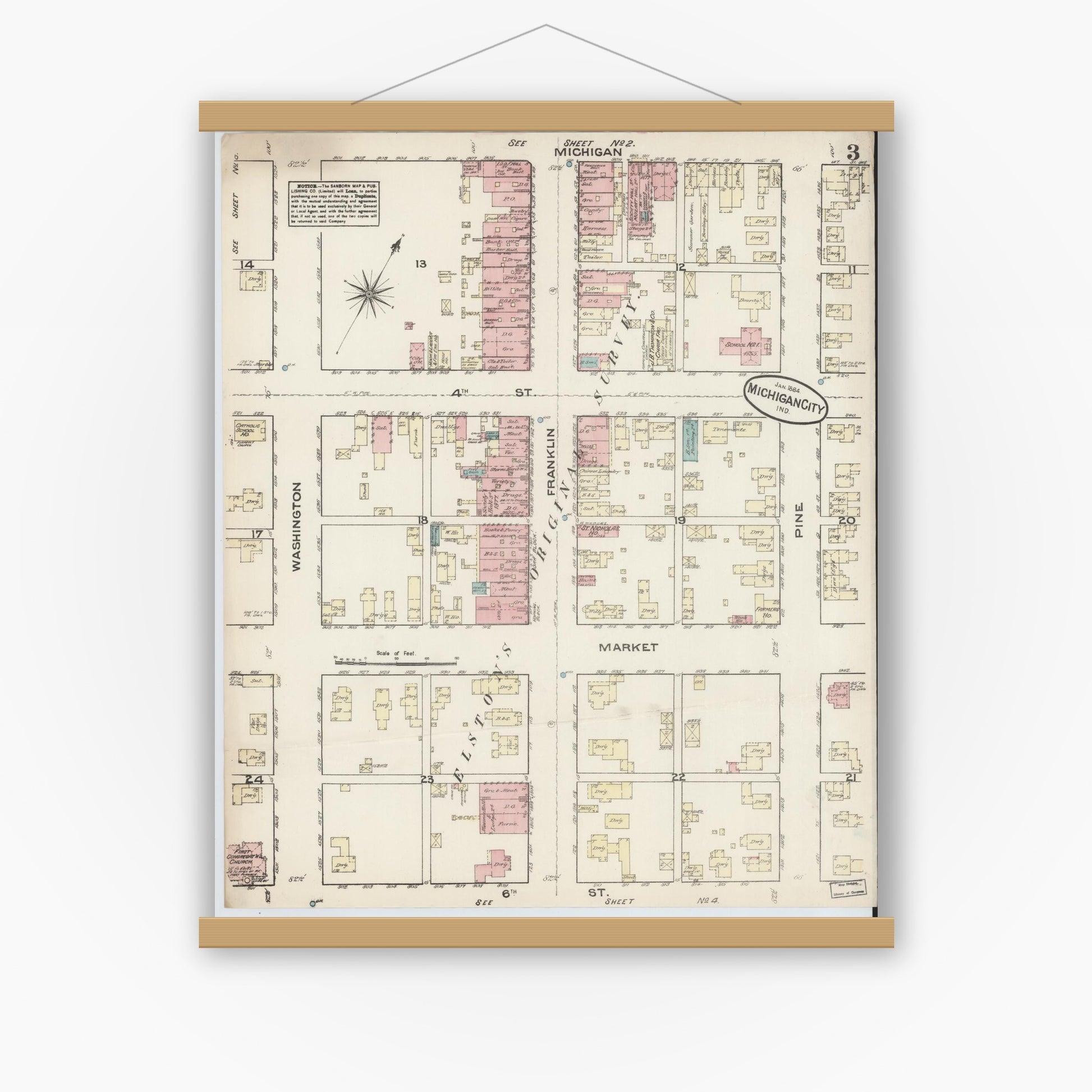 Old map wall art mockup — magnetic wood frame on white wall — Sanborn Fire Insurance Map from Michigan City, La Porte  County, Indiana (1884), Sheet #0003