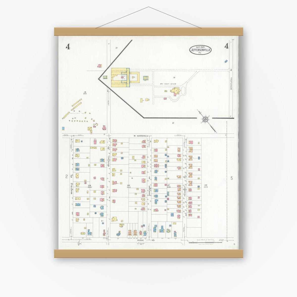 Old map wall art mockup — magnetic wood frame on white wall — Sanborn Fire Insurance Map from Jeffersonville, Montgomery County, Pennsylvania (1928), Sheet #0004