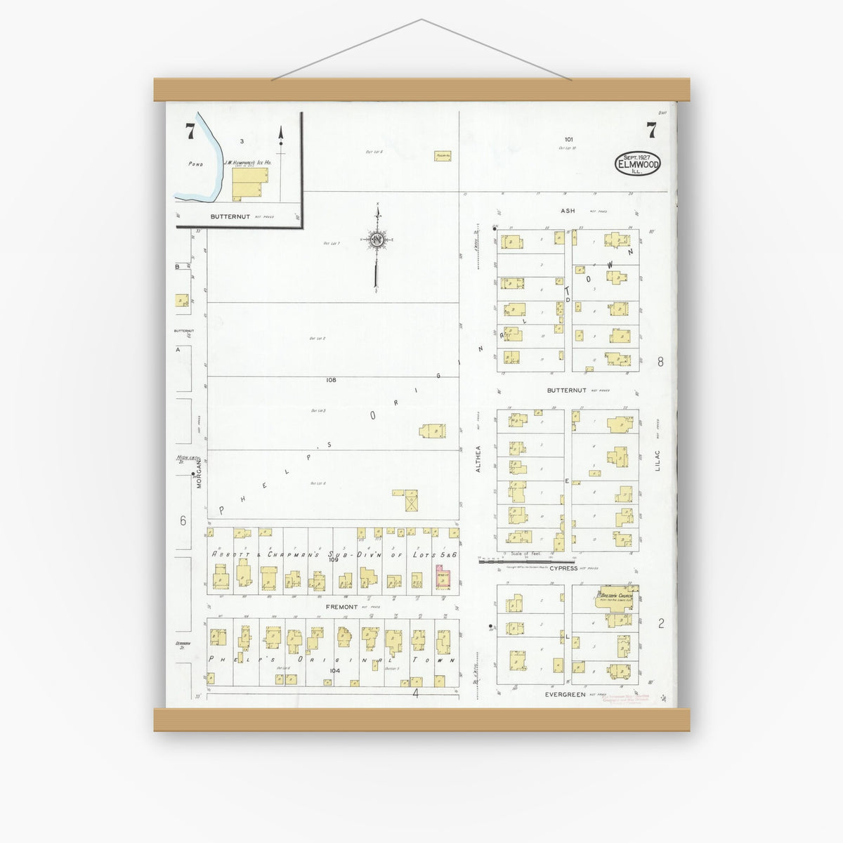 Old map wall art mockup — magnetic wood frame on white wall — Sanborn Fire Insurance Map from Elmwood, Peoria County, Illinois (1927), Sheet #0007