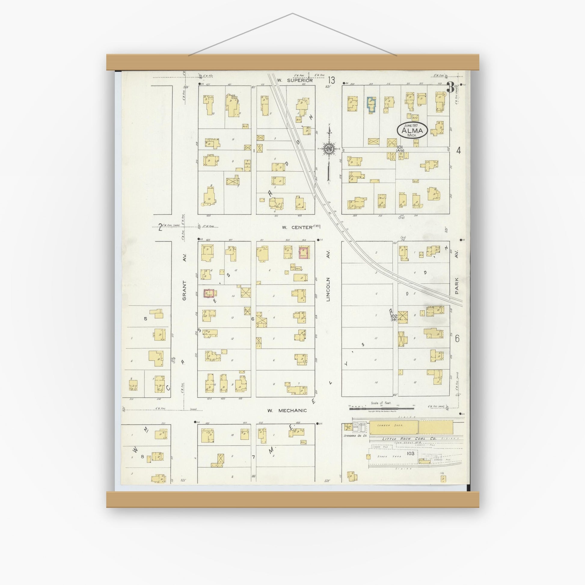 Old map wall art mockup — magnetic wood frame on white wall — Sanborn Fire Insurance Map from Alma, Gratiot County, Michigan (1917), Sheet #0003