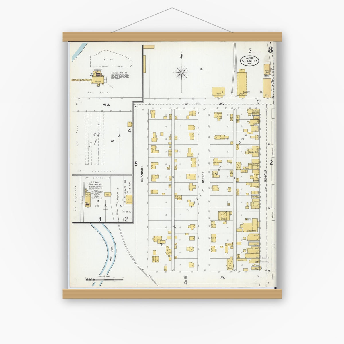 Old map wall art mockup — magnetic wood frame on white wall — Sanborn Fire Insurance Map from Stanley, Chippewa County, Wisconsin (1900), Sheet #0003