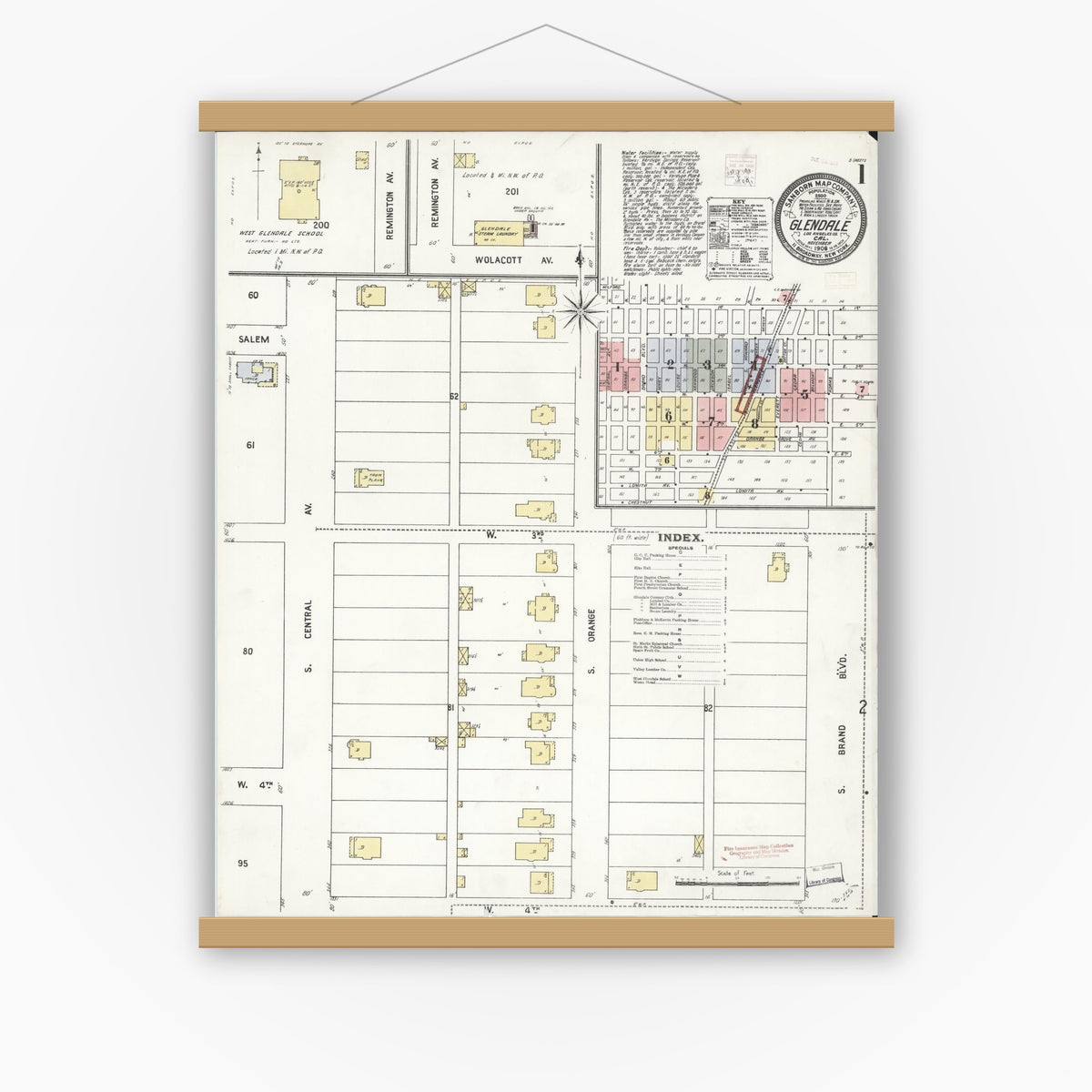 Old map wall art mockup — magnetic wood frame on white wall — Sanborn Fire Insurance Map from Glendale, Los Angeles County, California (1908), Sheet #0001