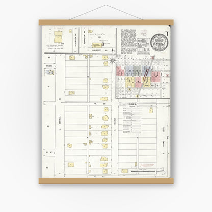 Old map wall art mockup — magnetic wood frame on white wall — Sanborn Fire Insurance Map from Glendale, Los Angeles County, California (1908), Sheet #0001