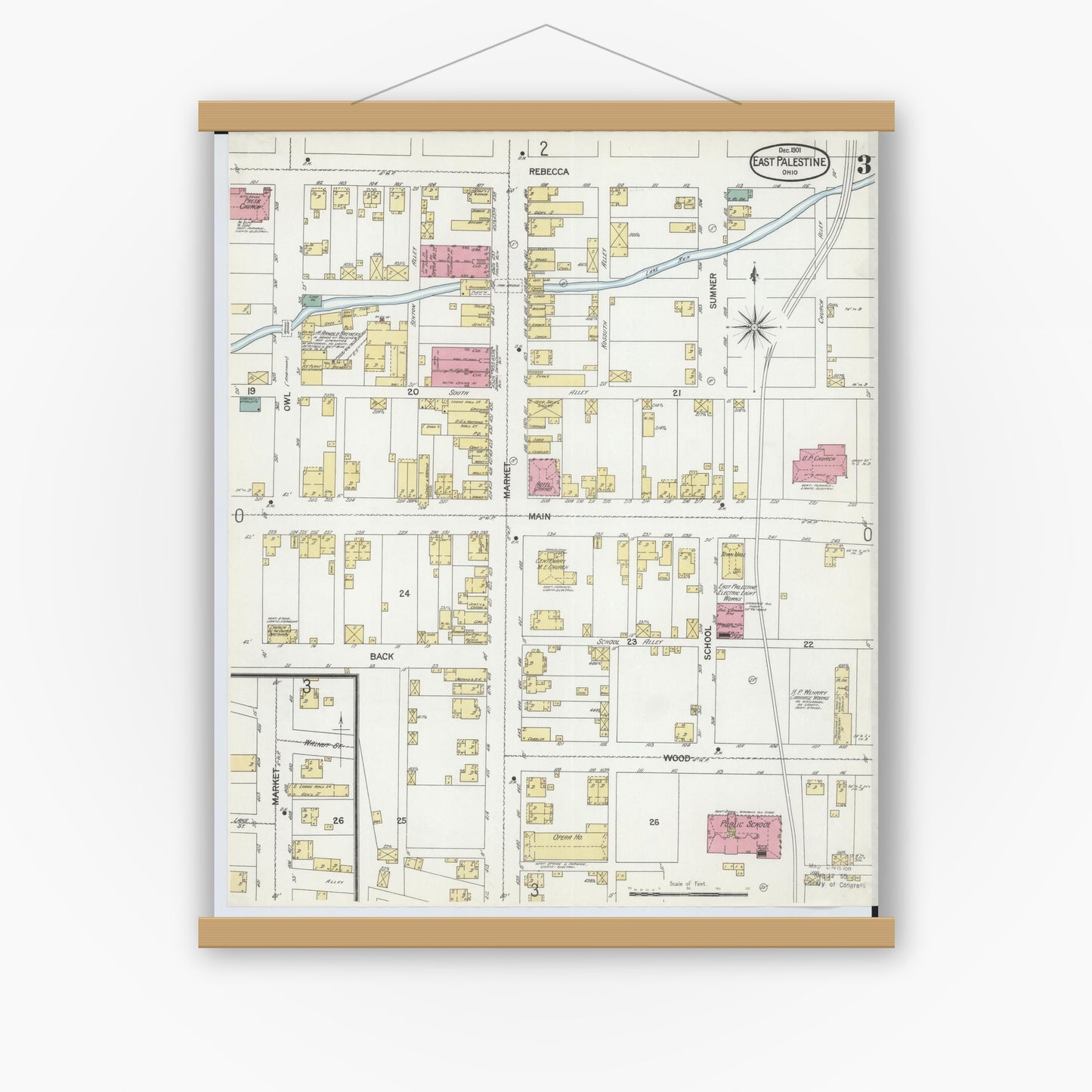 Old map wall art mockup — magnetic wood frame on white wall — Sanborn Fire Insurance Map from East Palestine, Columbiana County, Ohio (1901), Sheet #0003