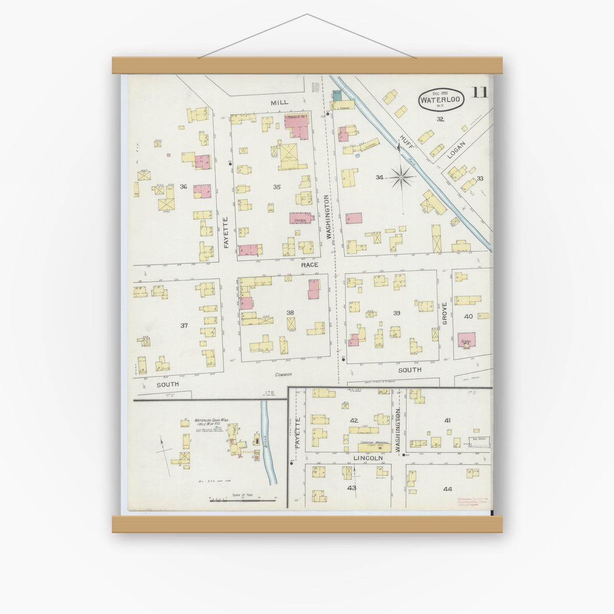 Old map wall art mockup — magnetic wood frame on white wall — Sanborn Fire Insurance Map from Waterloo, Seneca County, New York (1893), Sheet #0011