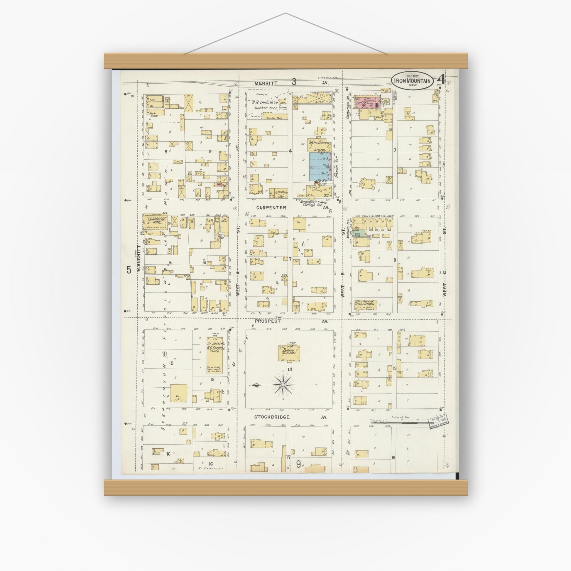 Old map wall art mockup — magnetic wood frame on white wall — Sanborn Fire Insurance Map from Iron Mountain, Dickinson County, Michigan (1897), Sheet #0004