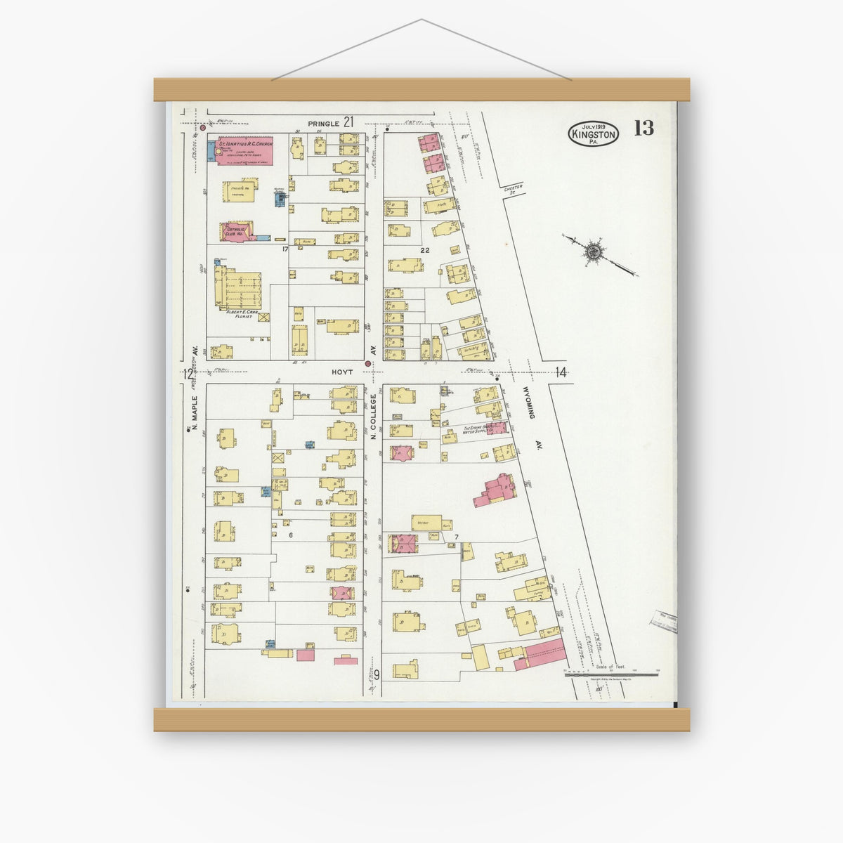 Old map wall art mockup — magnetic wood frame on white wall — Sanborn Fire Insurance Map from Kingston, Luzerne County, Pennsylvania (1919), Sheet #0013
