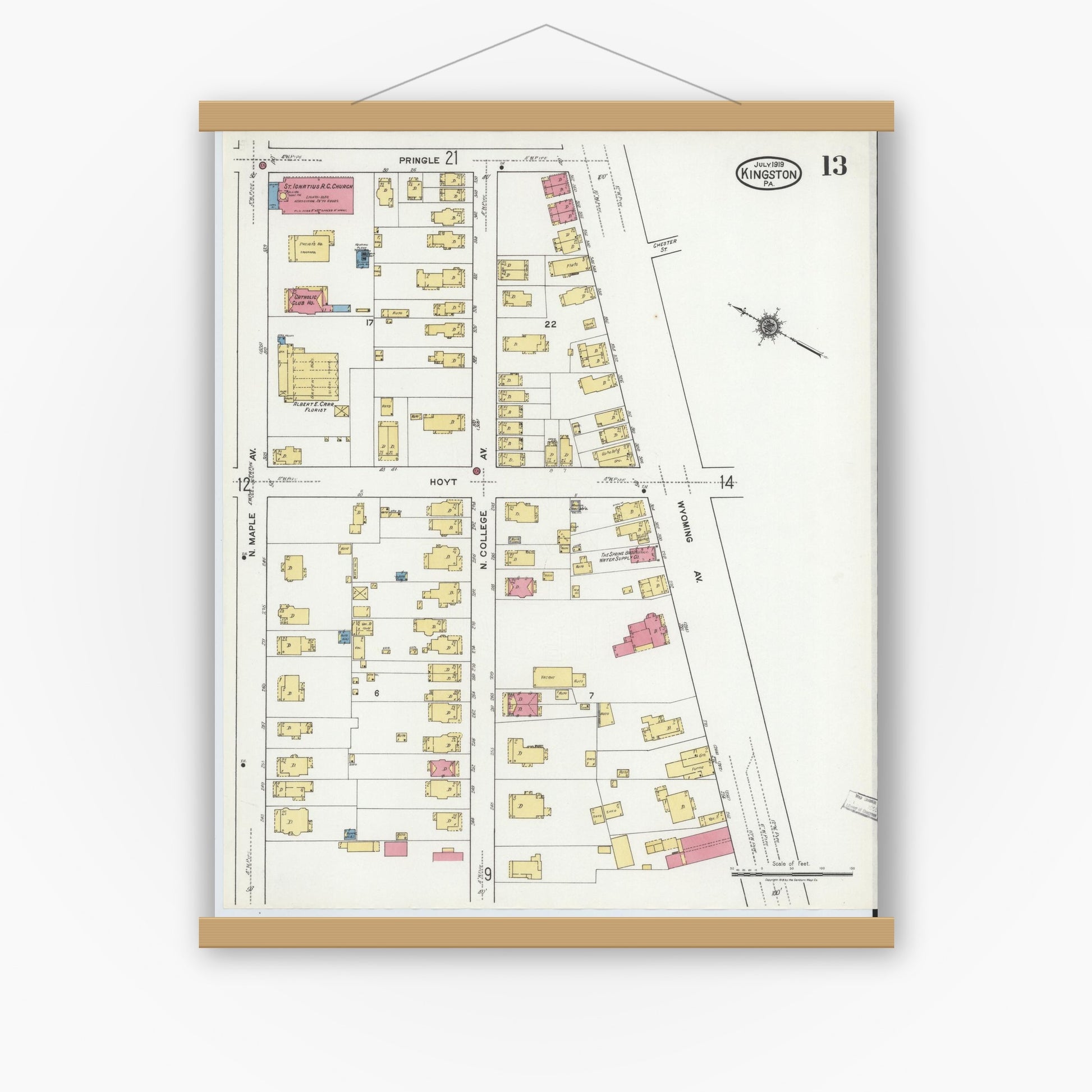 Old map wall art mockup — magnetic wood frame on white wall — Sanborn Fire Insurance Map from Kingston, Luzerne County, Pennsylvania (1919), Sheet #0013