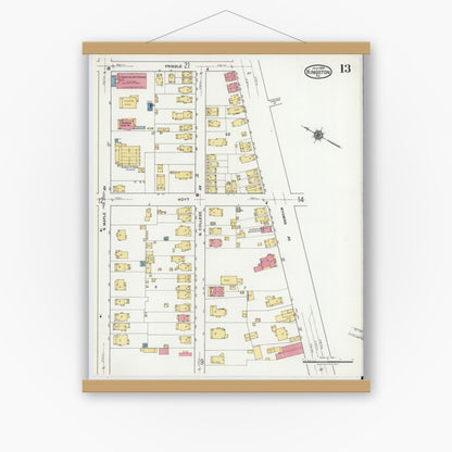 Old map wall art mockup — magnetic wood frame on white wall — Sanborn Fire Insurance Map from Kingston, Luzerne County, Pennsylvania (1919), Sheet #0013