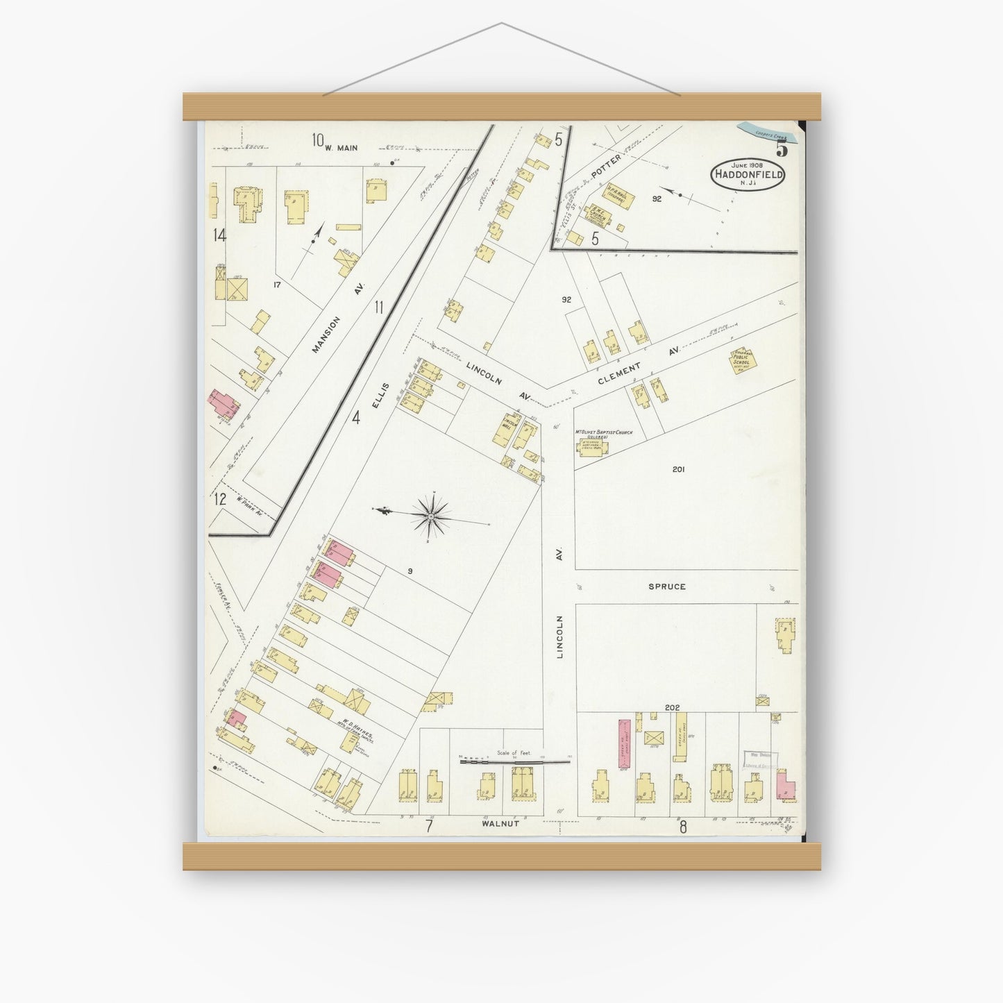 Old map wall art mockup — magnetic wood frame on white wall — Sanborn Fire Insurance Map from Haddonfield, Camden County, New Jersey (1908), Sheet #0005