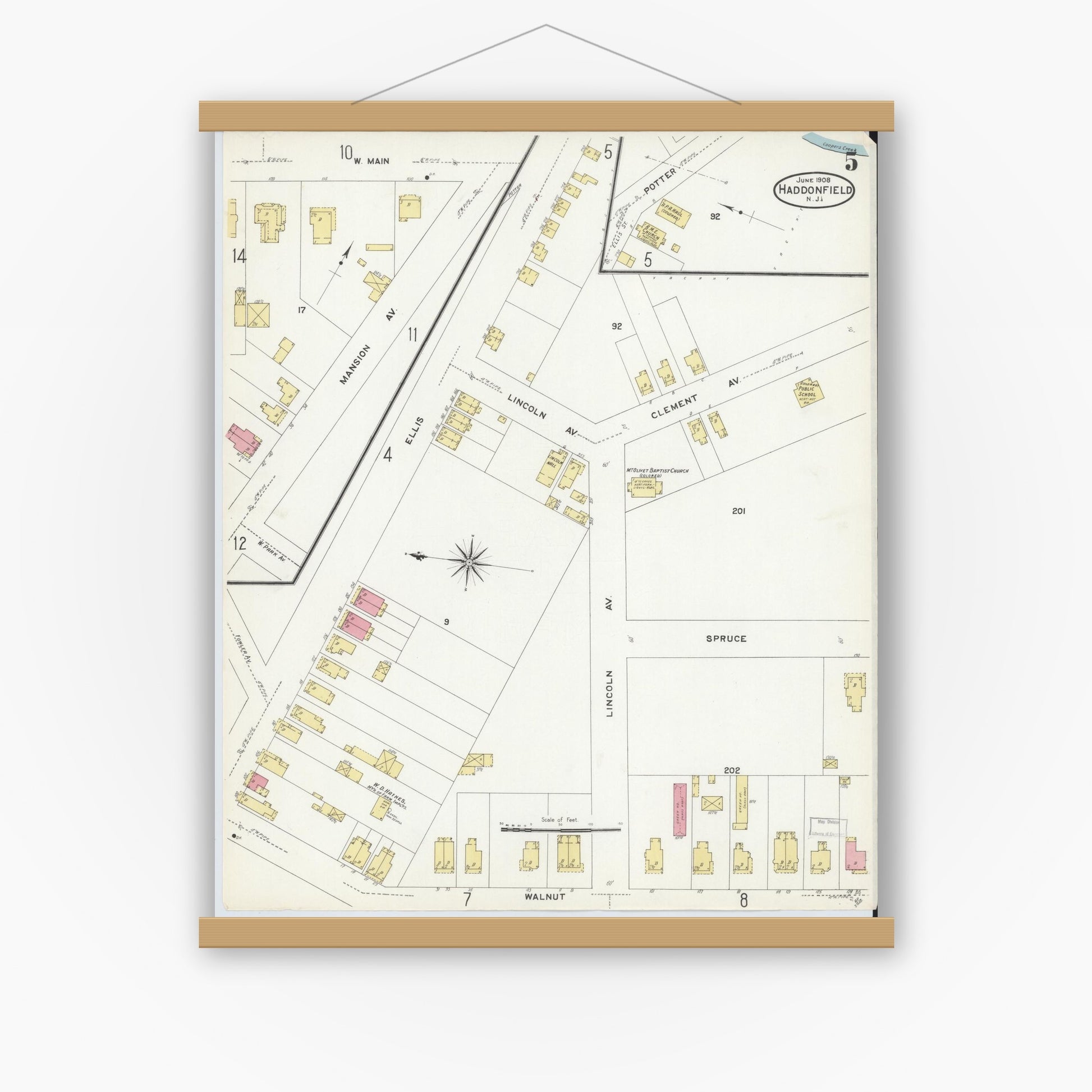 Old map wall art mockup — magnetic wood frame on white wall — Sanborn Fire Insurance Map from Haddonfield, Camden County, New Jersey (1908), Sheet #0005