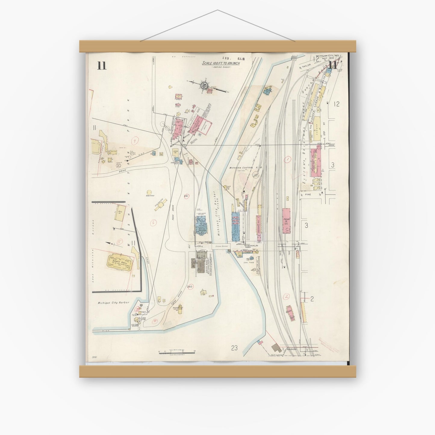 Old map wall art mockup — magnetic wood frame on white wall — Sanborn Fire Insurance Map from Michigan City, La Porte County, Indiana (1948), Sheet #0011