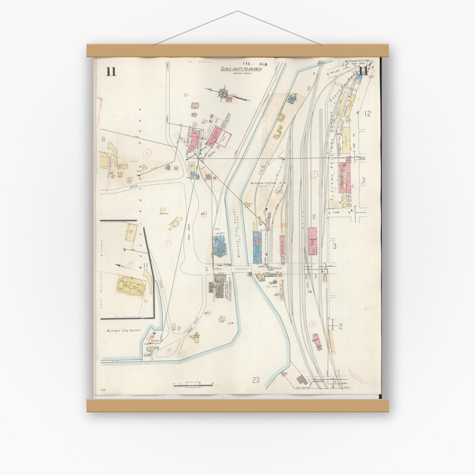 Old map wall art mockup — magnetic wood frame on white wall — Sanborn Fire Insurance Map from Michigan City, La Porte County, Indiana (1948), Sheet #0011