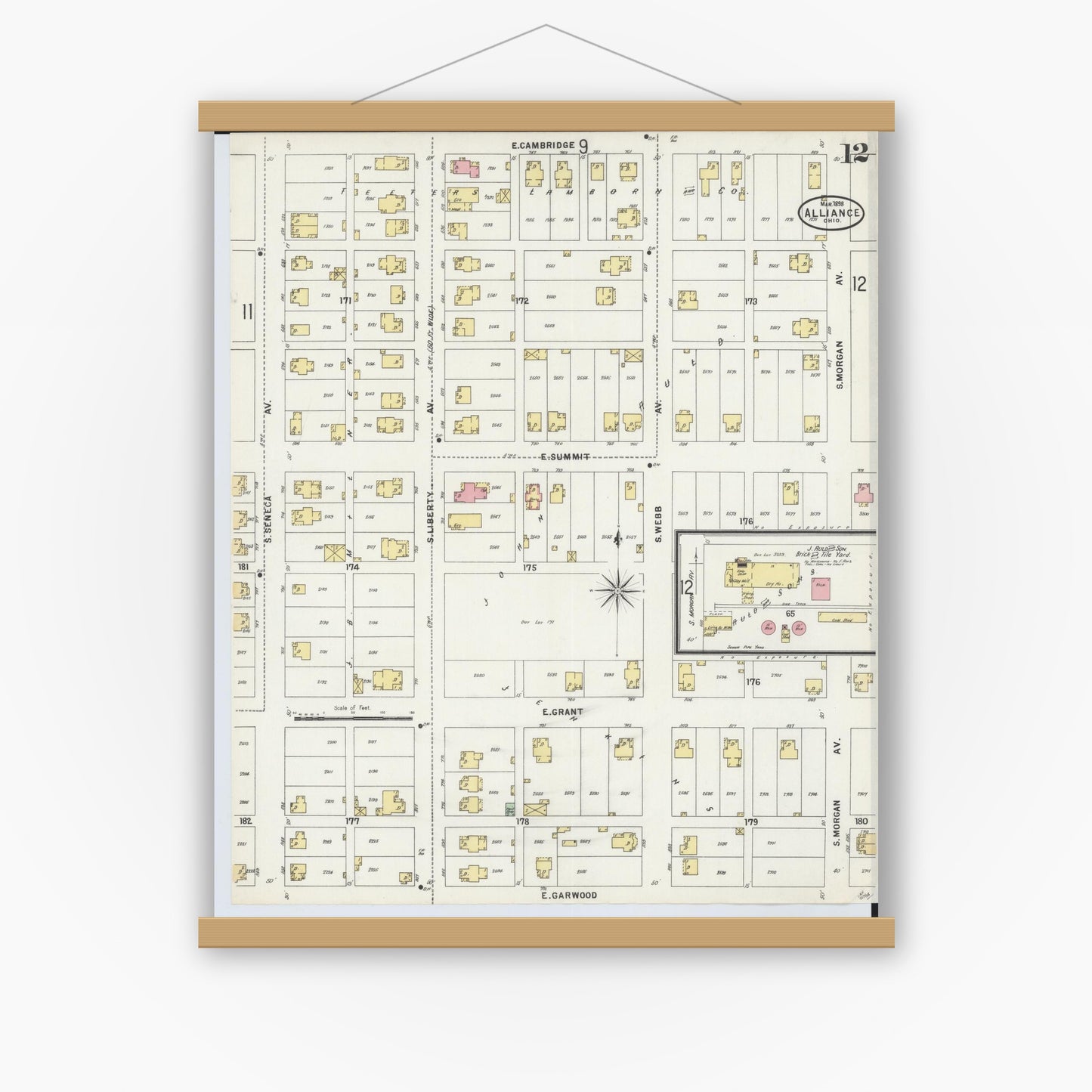 Old map wall art mockup — magnetic wood frame on white wall — Sanborn Fire Insurance Map from Alliance, Stark County, Ohio (1898), Sheet #0012