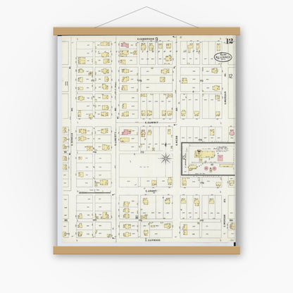 Old map wall art mockup — magnetic wood frame on white wall — Sanborn Fire Insurance Map from Alliance, Stark County, Ohio (1898), Sheet #0012
