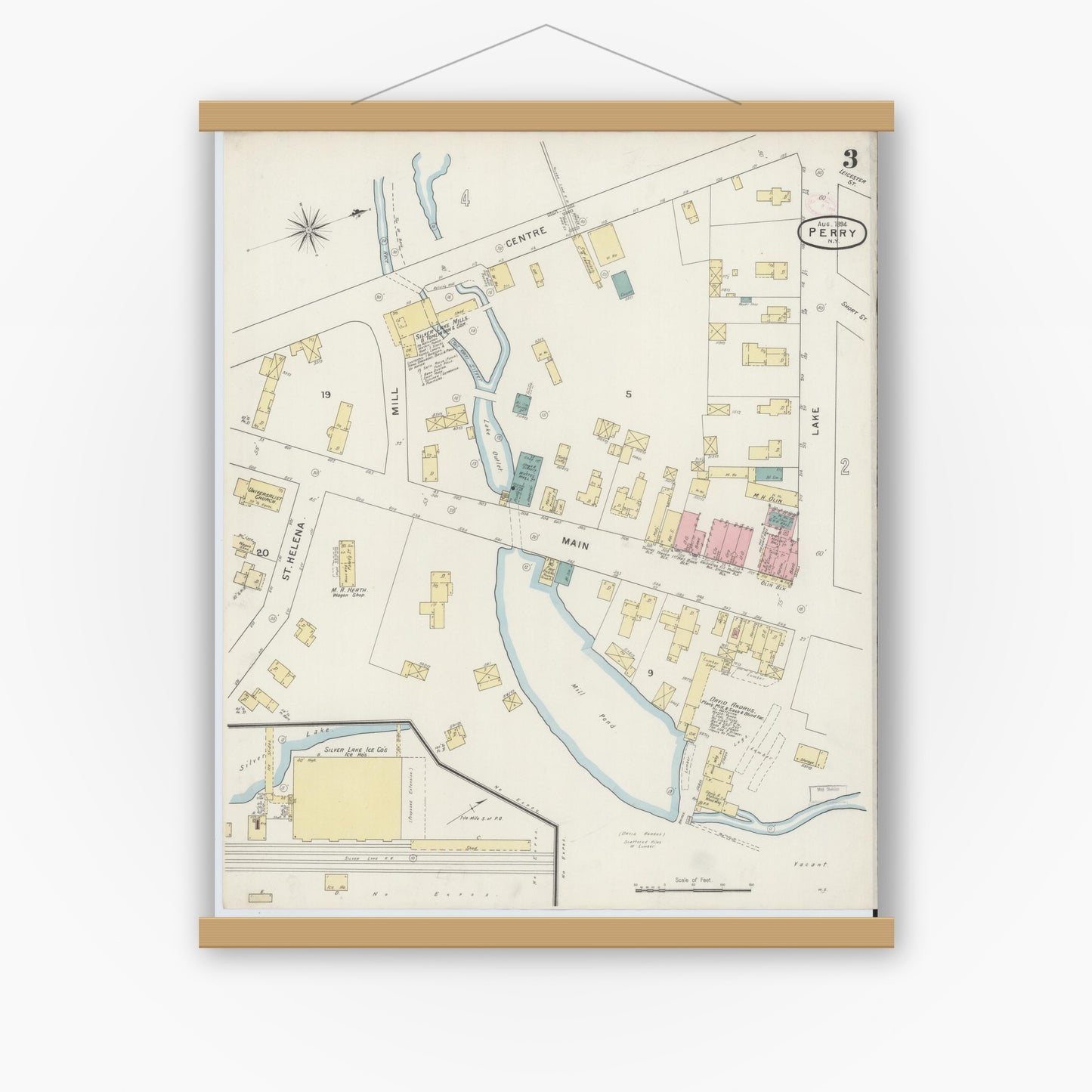 Old map wall art mockup — magnetic wood frame on white wall — Sanborn Fire Insurance Map from Perry, Wyoming County, New York (1894), Sheet #0003
