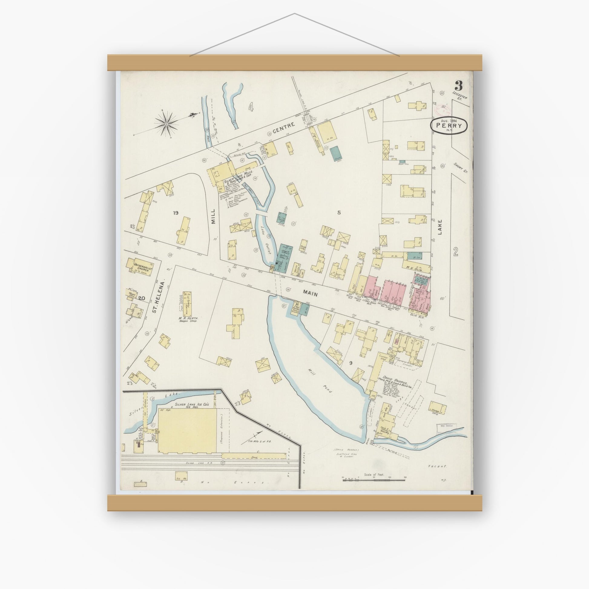 Old map wall art mockup — magnetic wood frame on white wall — Sanborn Fire Insurance Map from Perry, Wyoming County, New York (1894), Sheet #0003