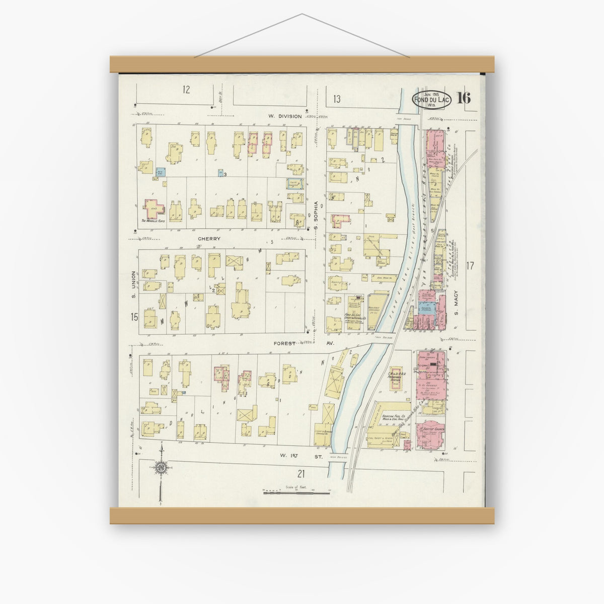 Old map wall art mockup — magnetic wood frame on white wall — Sanborn Fire Insurance Map from Fond du Lac, Fond du Lac County, Wisconsin (1915), Sheet #0016