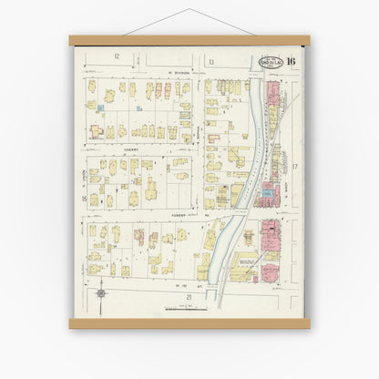 Old map wall art mockup — magnetic wood frame on white wall — Sanborn Fire Insurance Map from Fond du Lac, Fond du Lac County, Wisconsin (1915), Sheet #0016