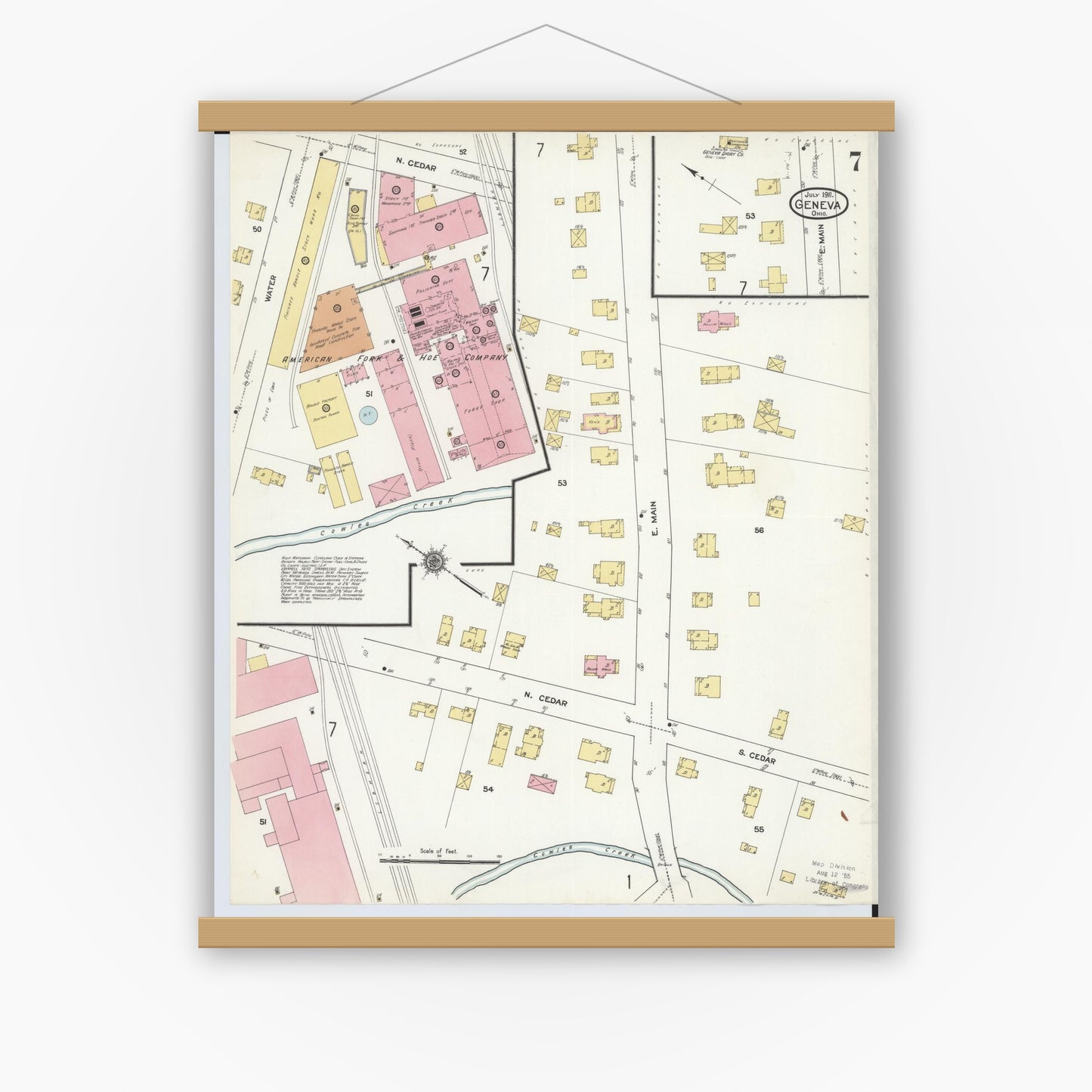 Old map wall art mockup — magnetic wood frame on white wall — Sanborn Fire Insurance Map from Geneva, Ashtabula County, Ohio (1911), Sheet #0007