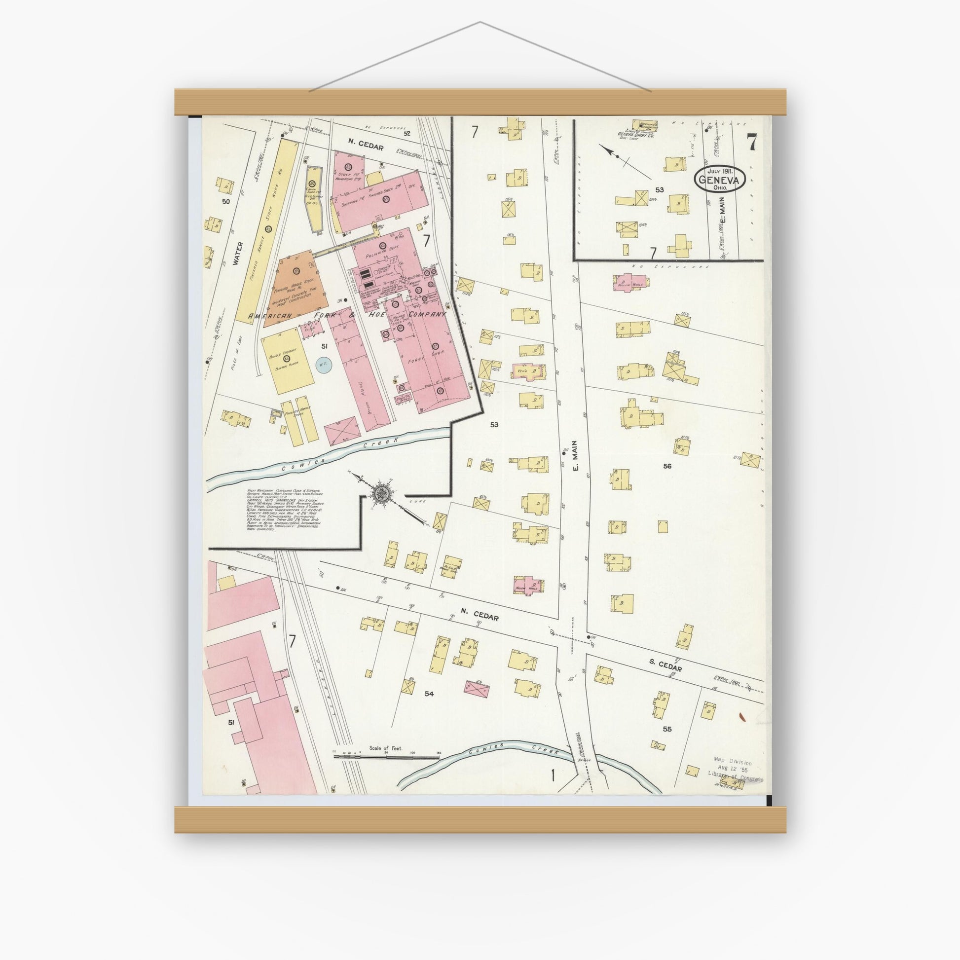 Old map wall art mockup — magnetic wood frame on white wall — Sanborn Fire Insurance Map from Geneva, Ashtabula County, Ohio (1911), Sheet #0007