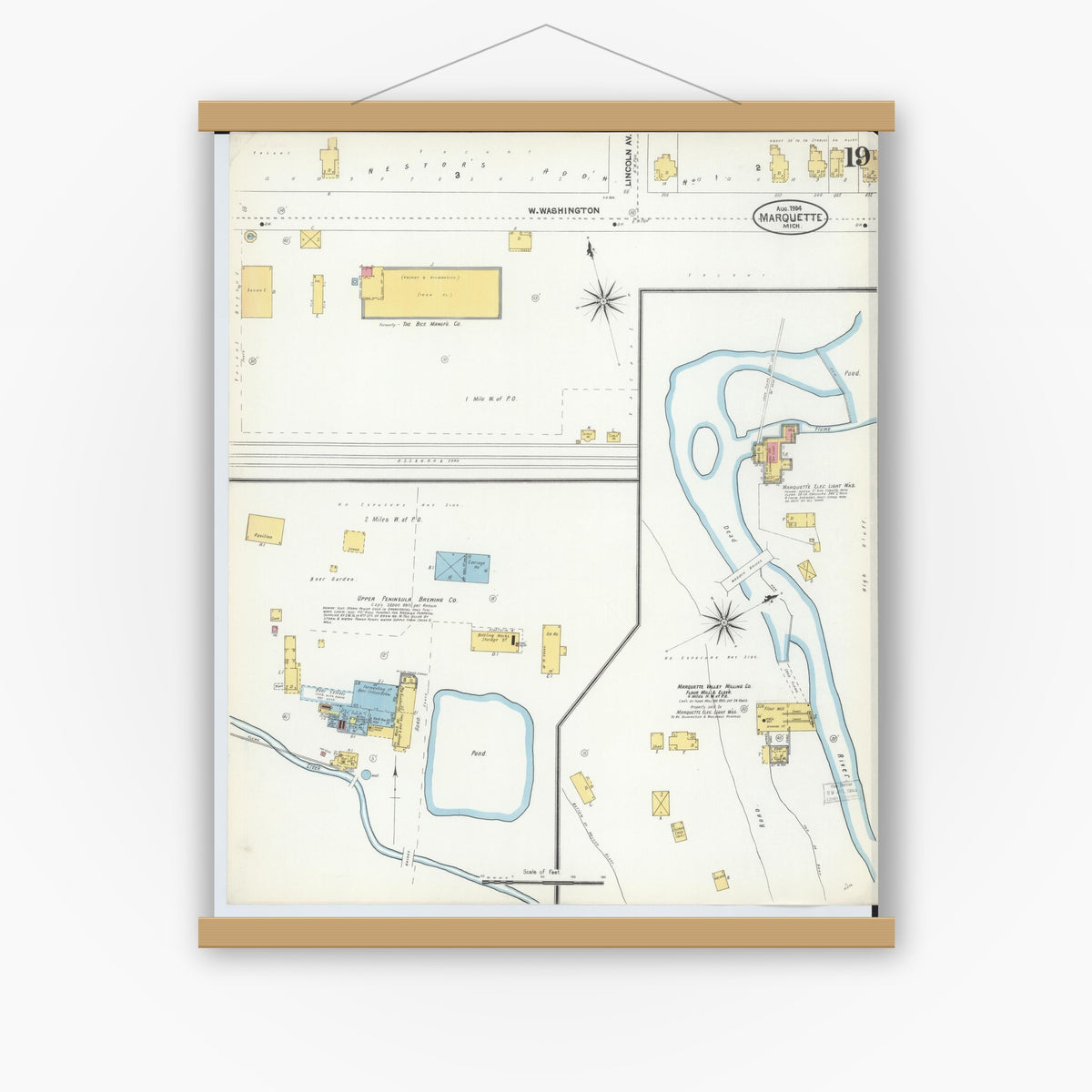 Old map wall art mockup — magnetic wood frame on white wall — Sanborn Fire Insurance Map from Marquette, Marquette County, Michigan (1904), Sheet #0019