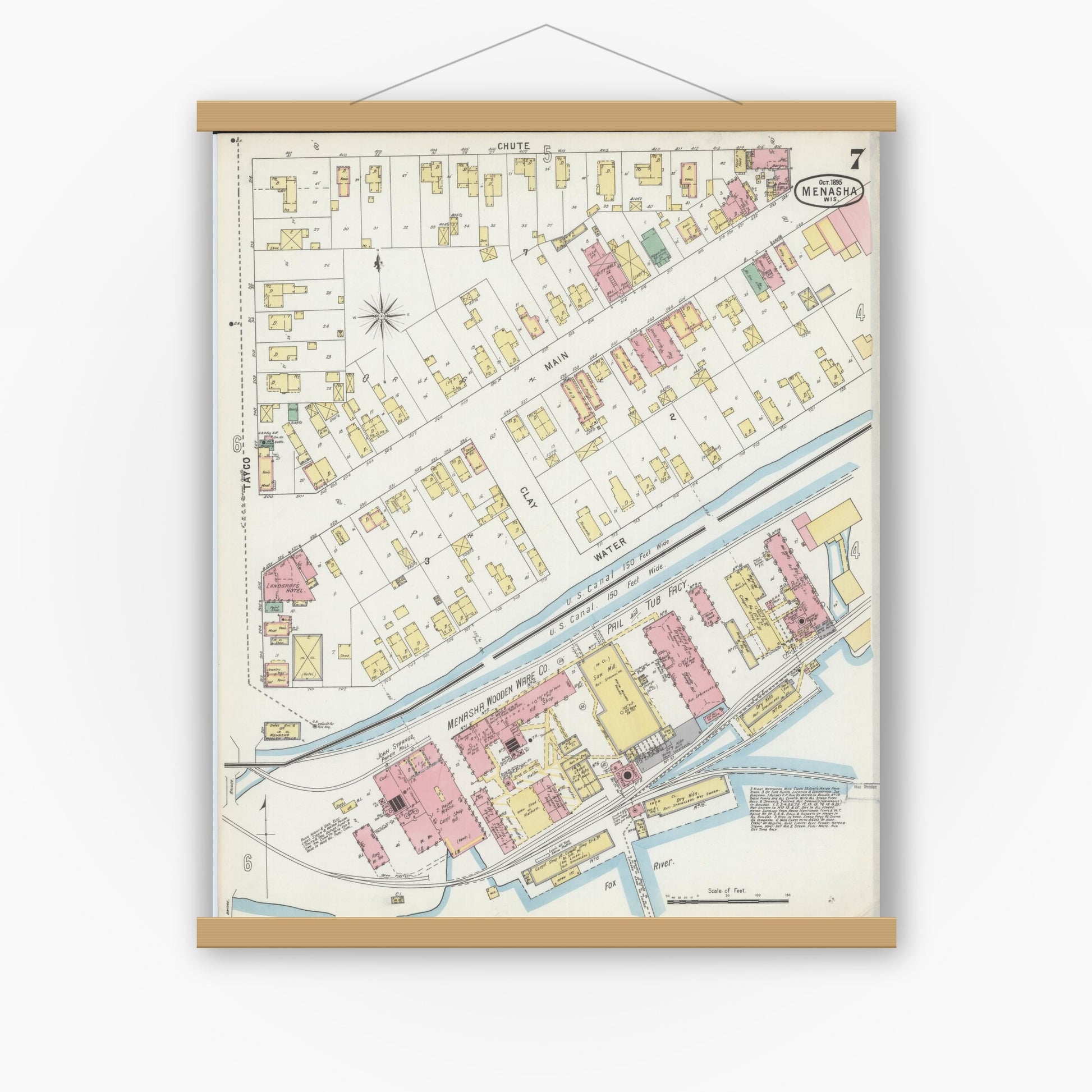 Old map wall art mockup — magnetic wood frame on white wall — Sanborn Fire Insurance Map from Menasha, Winnebago County, Wisconsin (1895), Sheet #0007