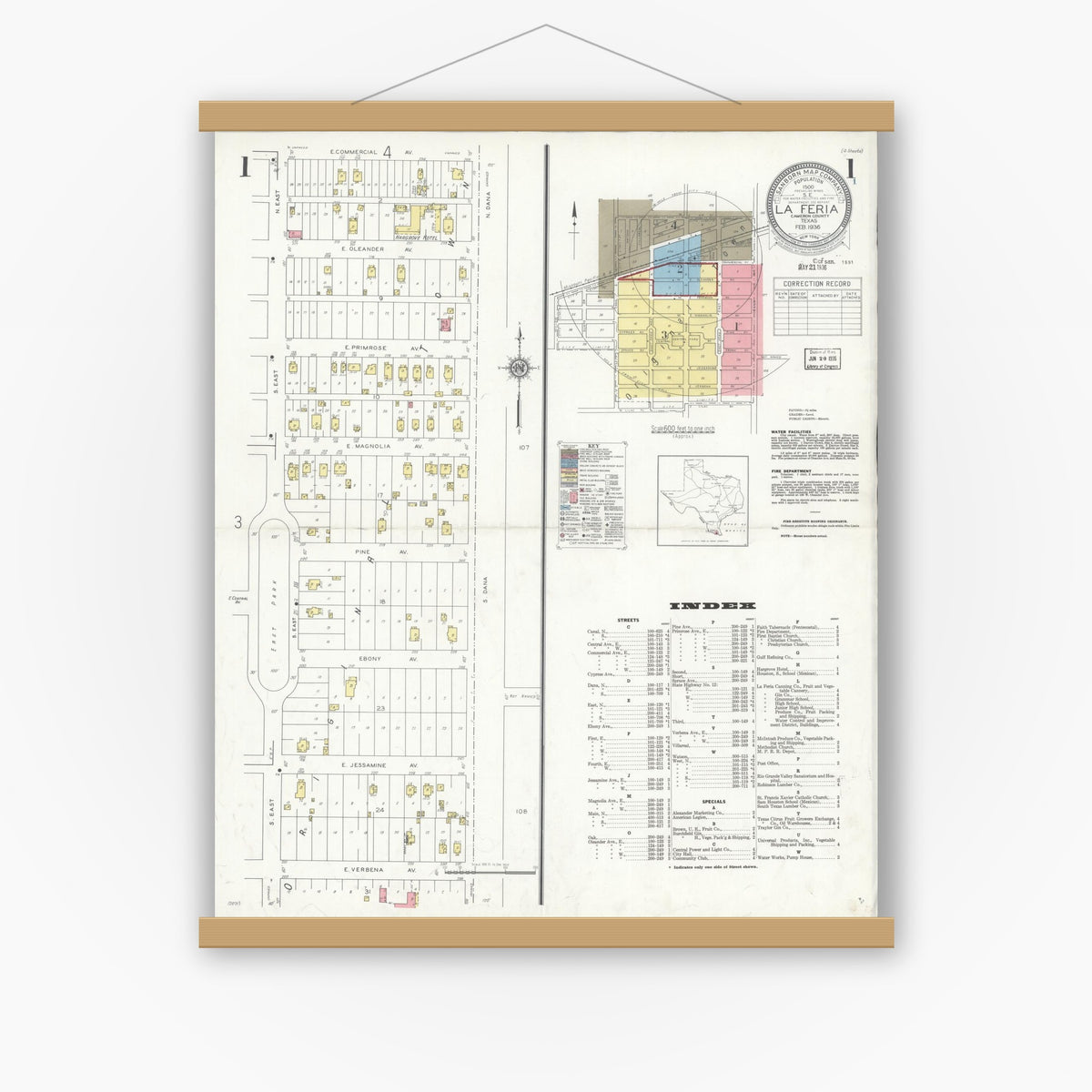 Old map wall art mockup — magnetic wood frame on white wall — Sanborn Fire Insurance Map from La Feria, Cameron County, Texas (1936), Sheet #0001