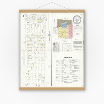 Old map wall art mockup — magnetic wood frame on white wall — Sanborn Fire Insurance Map from La Feria, Cameron County, Texas (1936), Sheet #0001