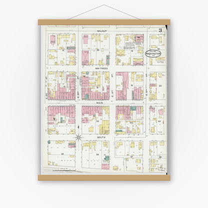 Old map wall art mockup — magnetic wood frame on white wall — Sanborn Fire Insurance Map from Washington, Daviess County, Indiana (1892), Sheet #0003