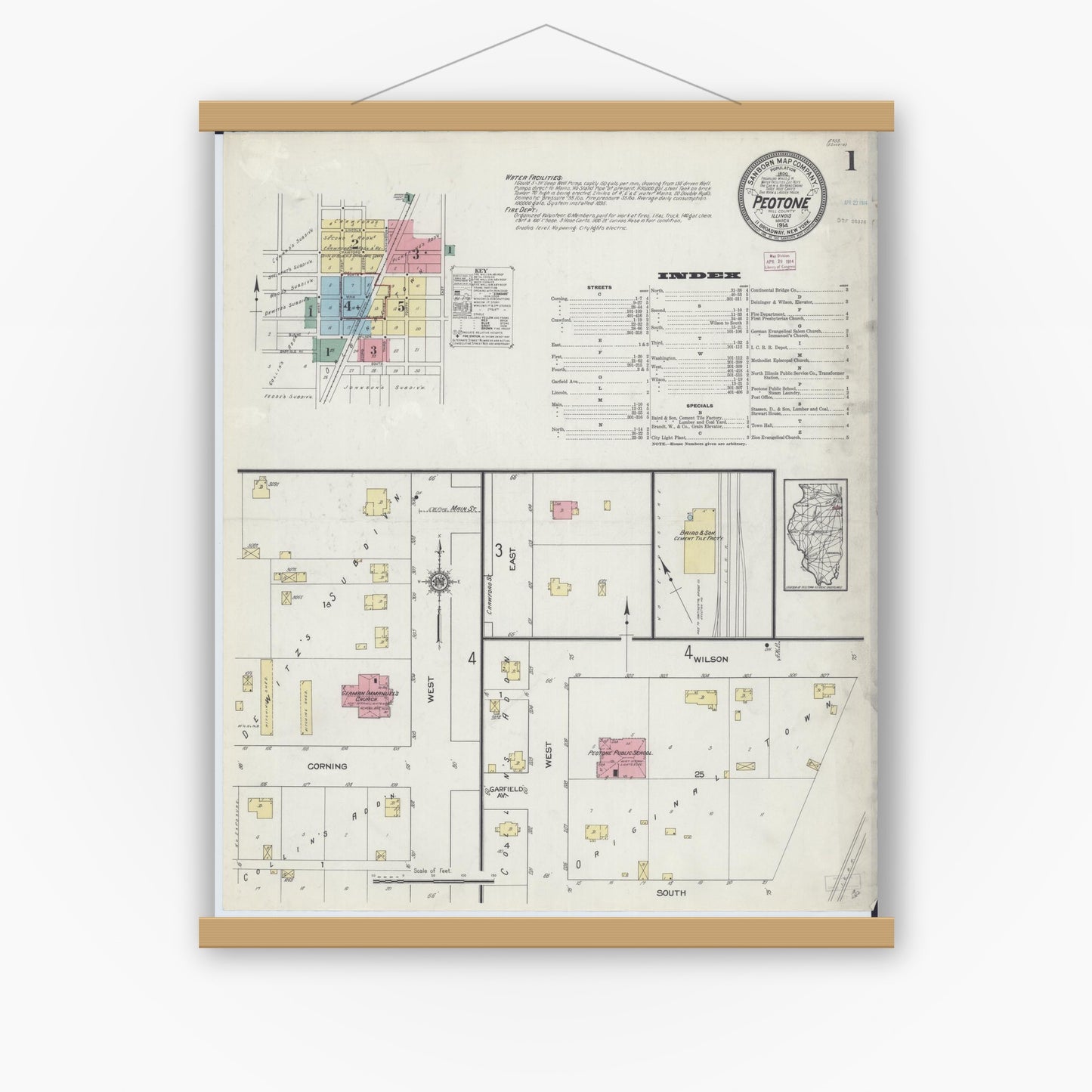 Old map wall art mockup — magnetic wood frame on white wall — Sanborn Fire Insurance Map from Peotone, Will County, Illinois (1914), Sheet #0001