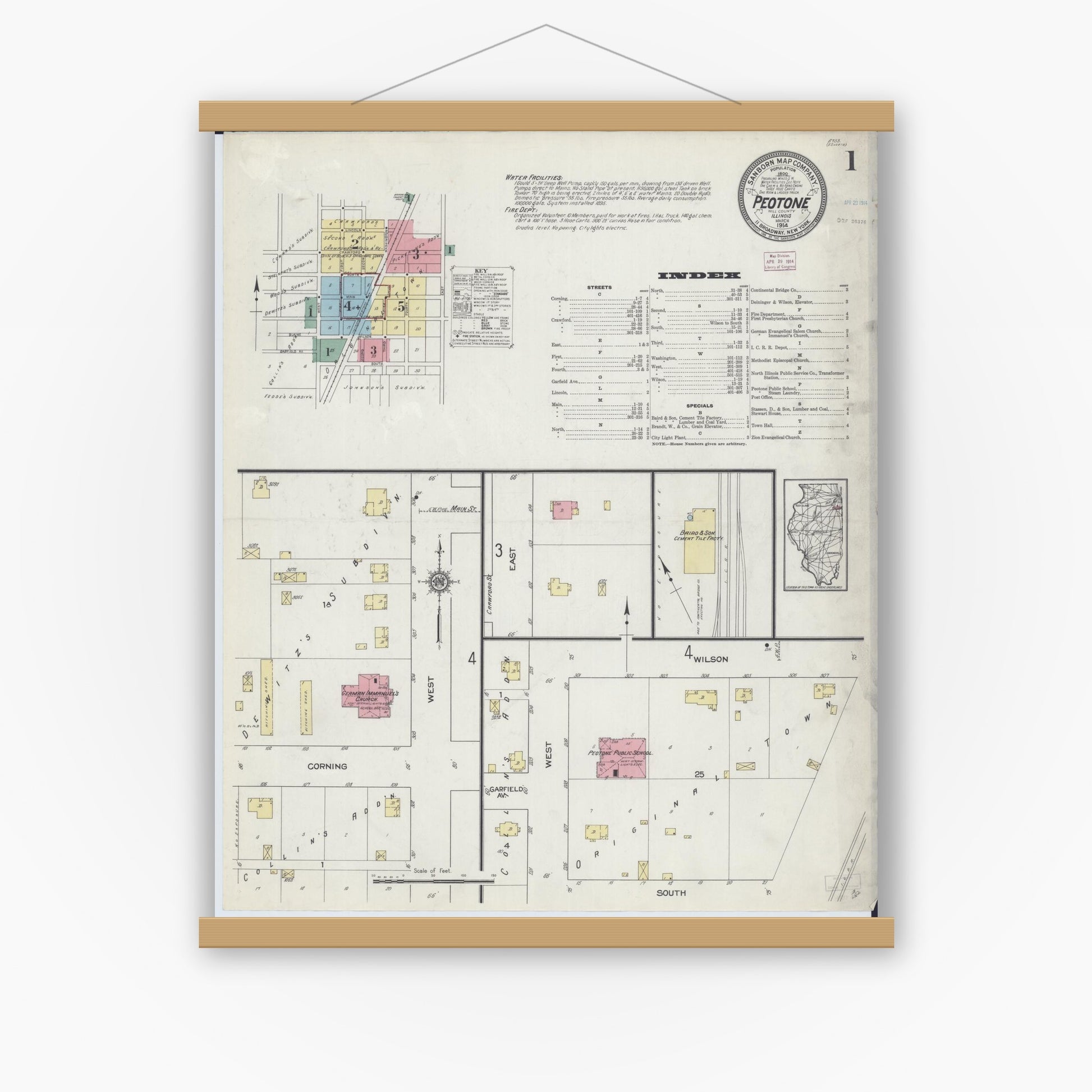 Old map wall art mockup — magnetic wood frame on white wall — Sanborn Fire Insurance Map from Peotone, Will County, Illinois (1914), Sheet #0001