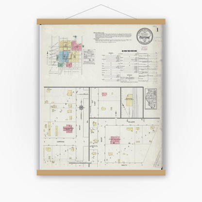 Old map wall art mockup — magnetic wood frame on white wall — Sanborn Fire Insurance Map from Peotone, Will County, Illinois (1914), Sheet #0001
