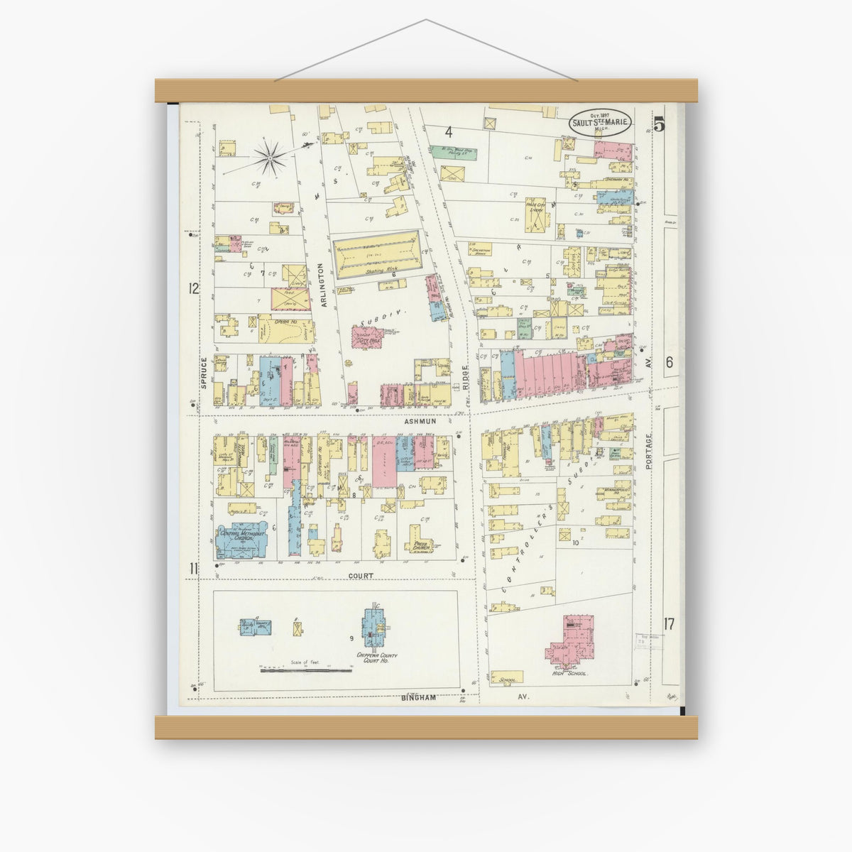 Old map wall art mockup — magnetic wood frame on white wall — Sanborn Fire Insurance Map from Sault Sainte Marie, Chippewa County, Michigan (1897), Sheet #0005