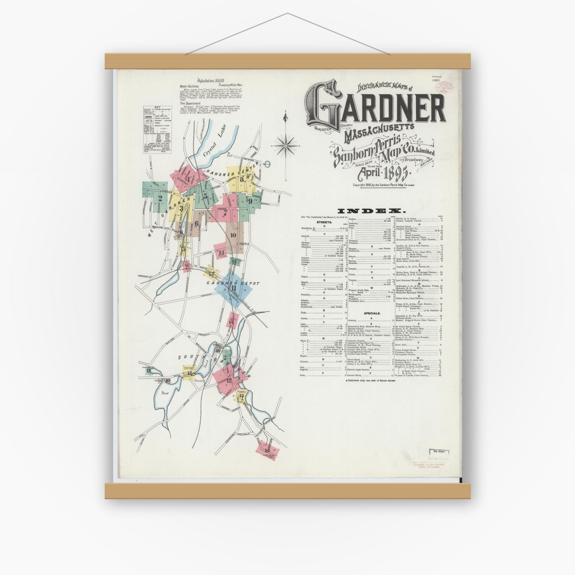 Old map wall art mockup — magnetic wood frame on white wall — Sanborn Fire Insurance Map from Gardner, Worcester County, Massachusetts (1895) - Complete Map Set