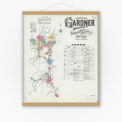 Old map wall art mockup — magnetic wood frame on white wall — Sanborn Fire Insurance Map from Gardner, Worcester County, Massachusetts (1895) - Complete Map Set