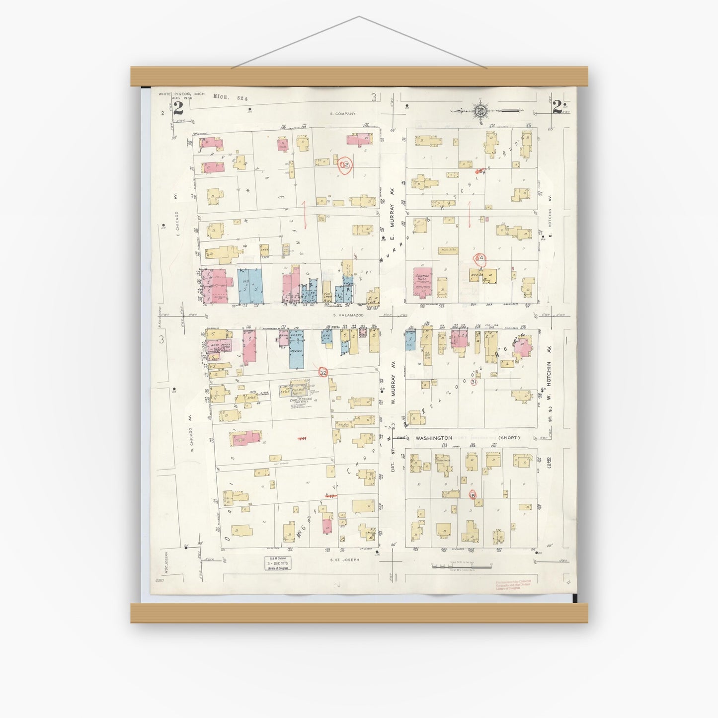 Old map wall art mockup — magnetic wood frame on white wall — Sanborn Fire Insurance Map from White Pigeon, Saint Joseph County, Michigan (1954), Sheet #0002