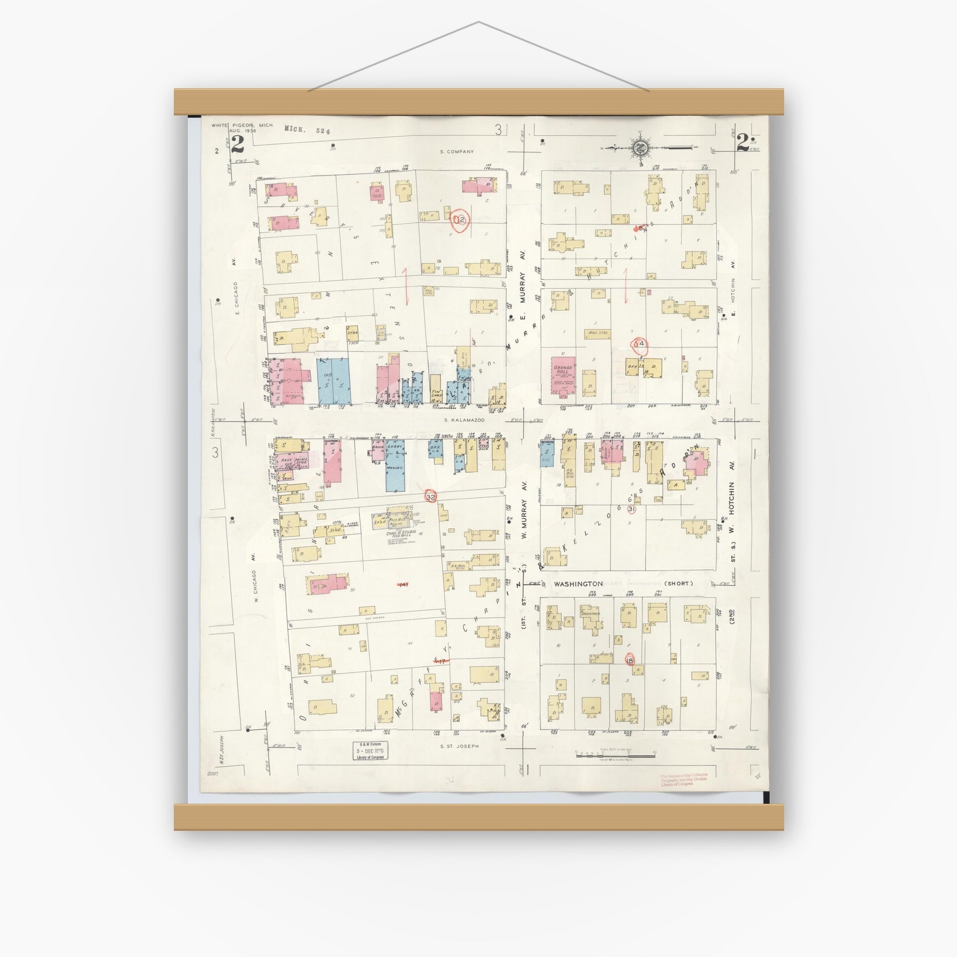 Old map wall art mockup — magnetic wood frame on white wall — Sanborn Fire Insurance Map from White Pigeon, Saint Joseph County, Michigan (1954), Sheet #0002