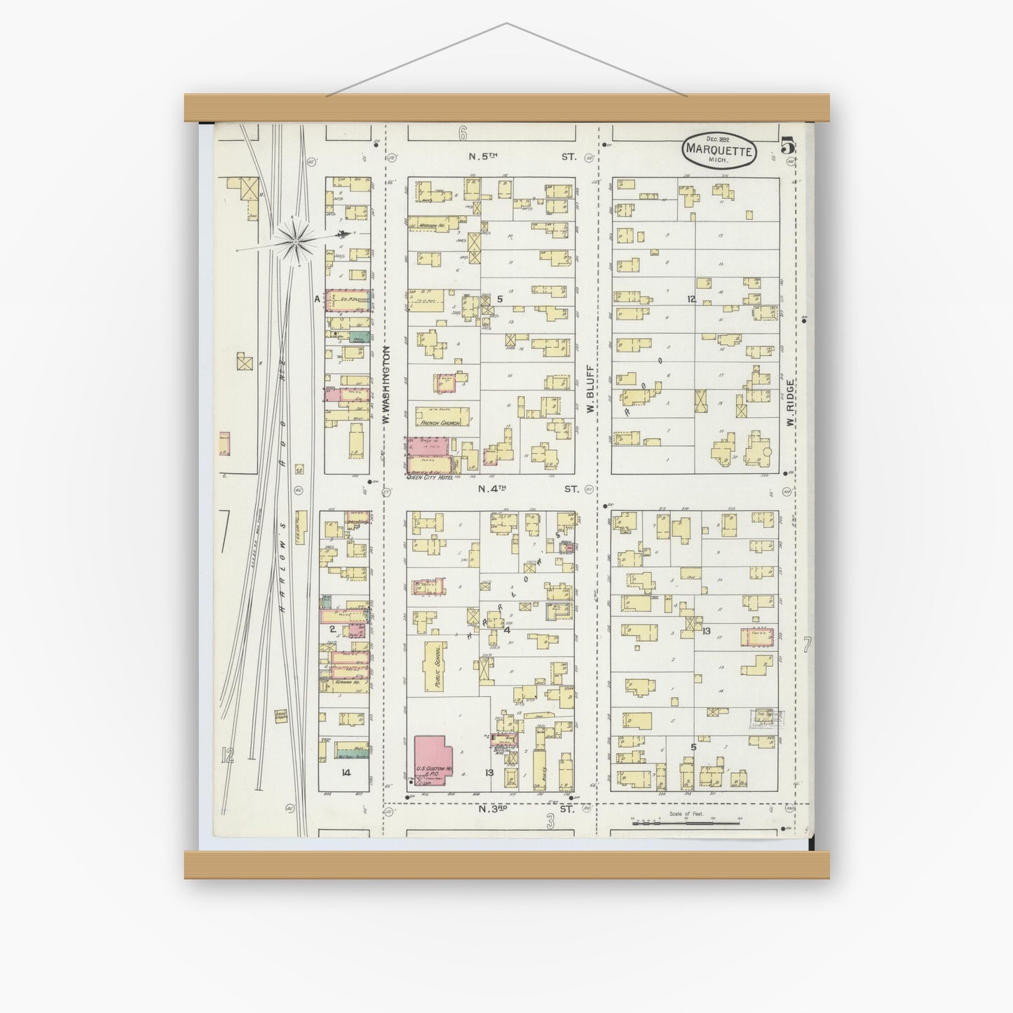 Old map wall art mockup — magnetic wood frame on white wall — Sanborn Fire Insurance Map from Marquette, Marquette County, Michigan (1892), Sheet #0005