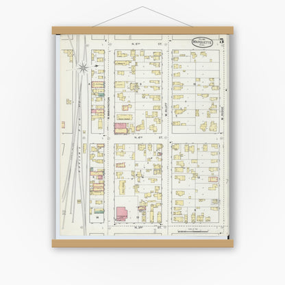 Old map wall art mockup — magnetic wood frame on white wall — Sanborn Fire Insurance Map from Marquette, Marquette County, Michigan (1892), Sheet #0005