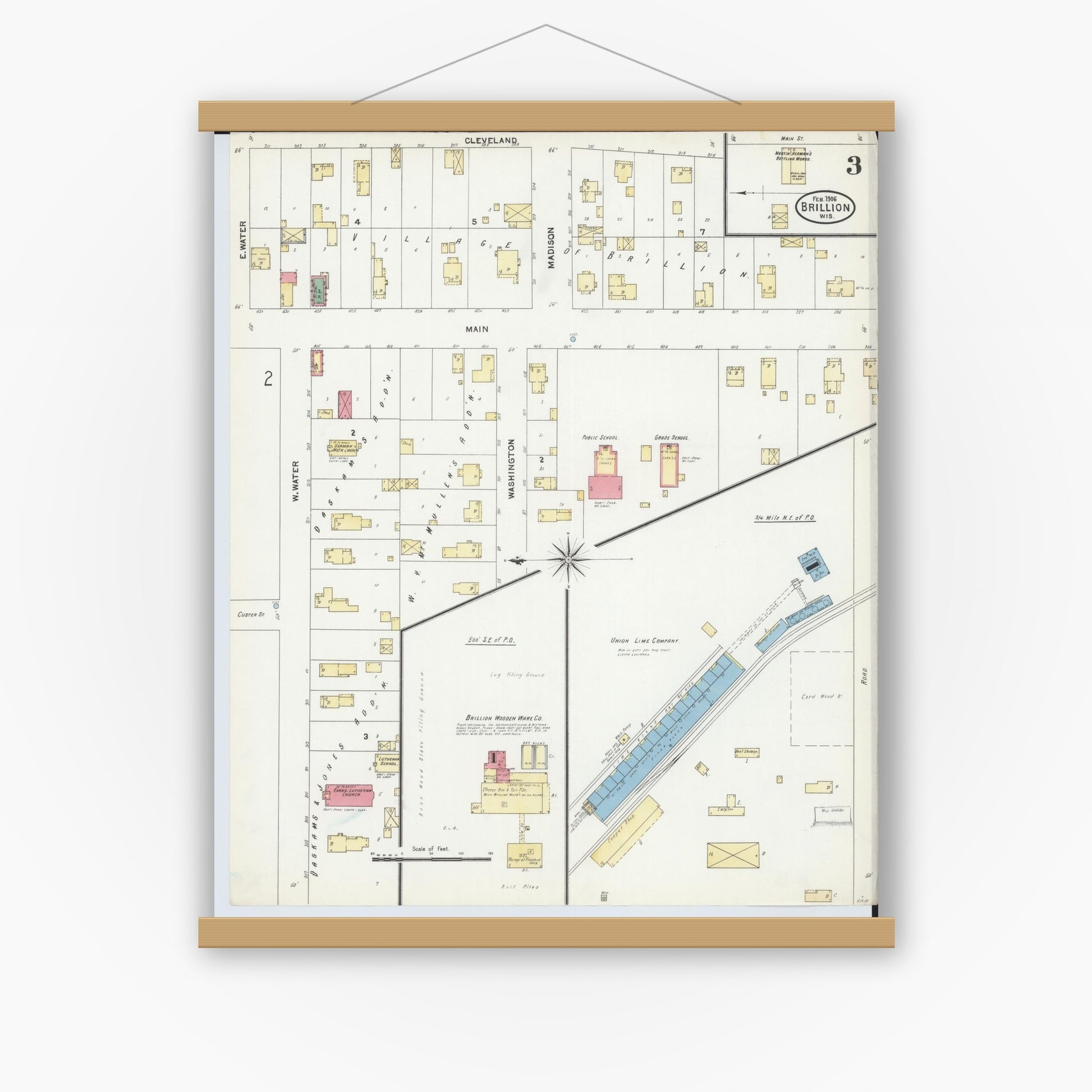 Old map wall art mockup — magnetic wood frame on white wall — Sanborn Fire Insurance Map from Brillion, Calumet County, Wisconsin (1906), Sheet #0003