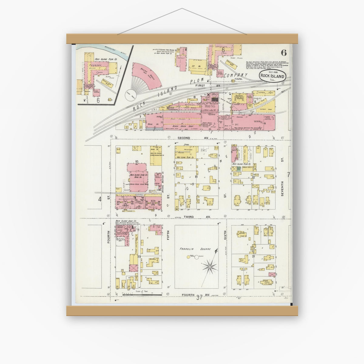 Old map wall art mockup — magnetic wood frame on white wall — Sanborn Fire Insurance Map from Rock Island, Rock Island County, Illinois (1898), Sheet #0006