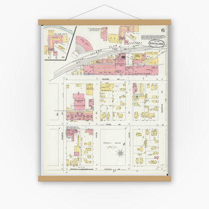 Old map wall art mockup — magnetic wood frame on white wall — Sanborn Fire Insurance Map from Rock Island, Rock Island County, Illinois (1898), Sheet #0006
