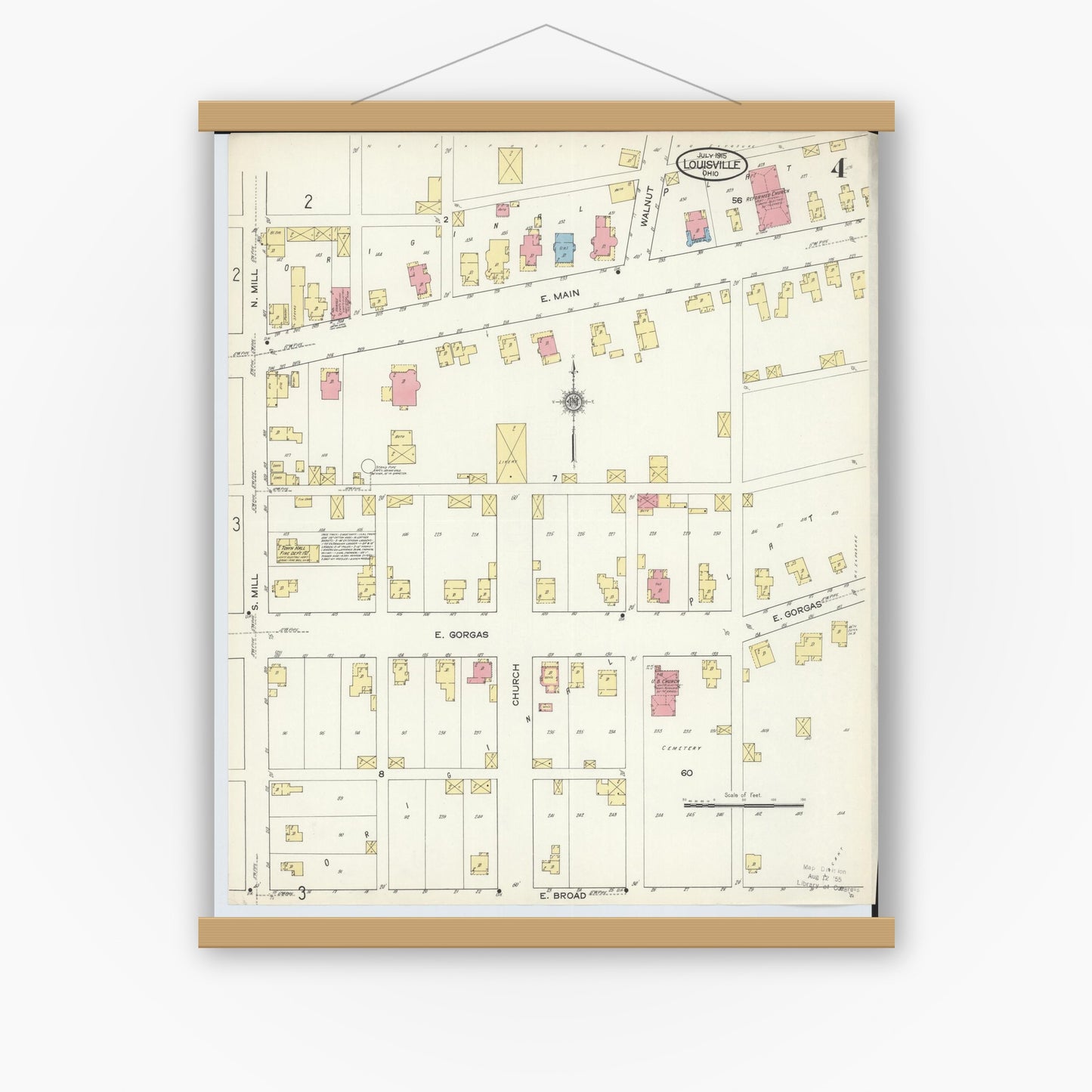 Old map wall art mockup — magnetic wood frame on white wall — Sanborn Fire Insurance Map from Louisville, Stark County, Ohio (1915), Sheet #0004
