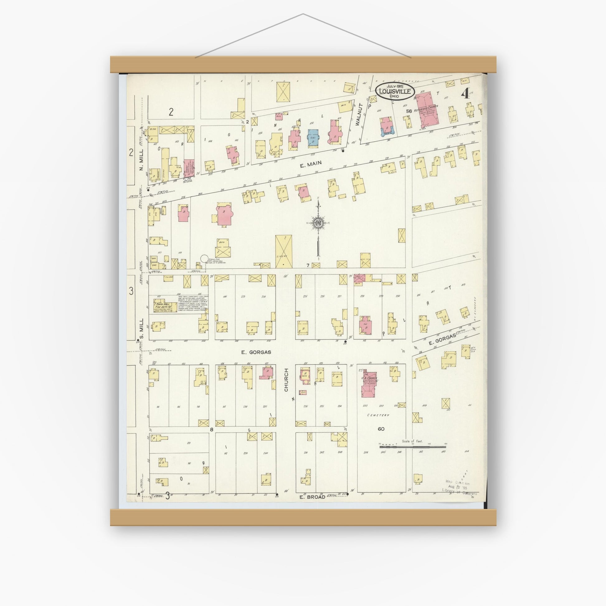 Old map wall art mockup — magnetic wood frame on white wall — Sanborn Fire Insurance Map from Louisville, Stark County, Ohio (1915), Sheet #0004