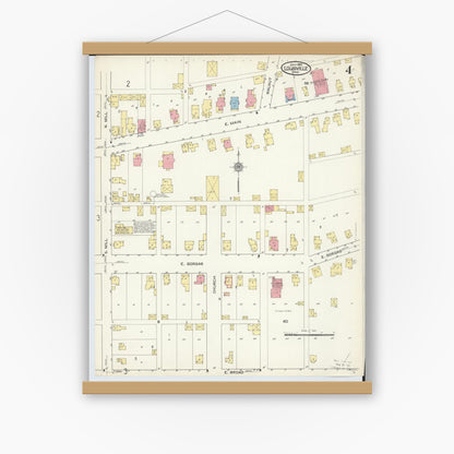 Old map wall art mockup — magnetic wood frame on white wall — Sanborn Fire Insurance Map from Louisville, Stark County, Ohio (1915), Sheet #0004