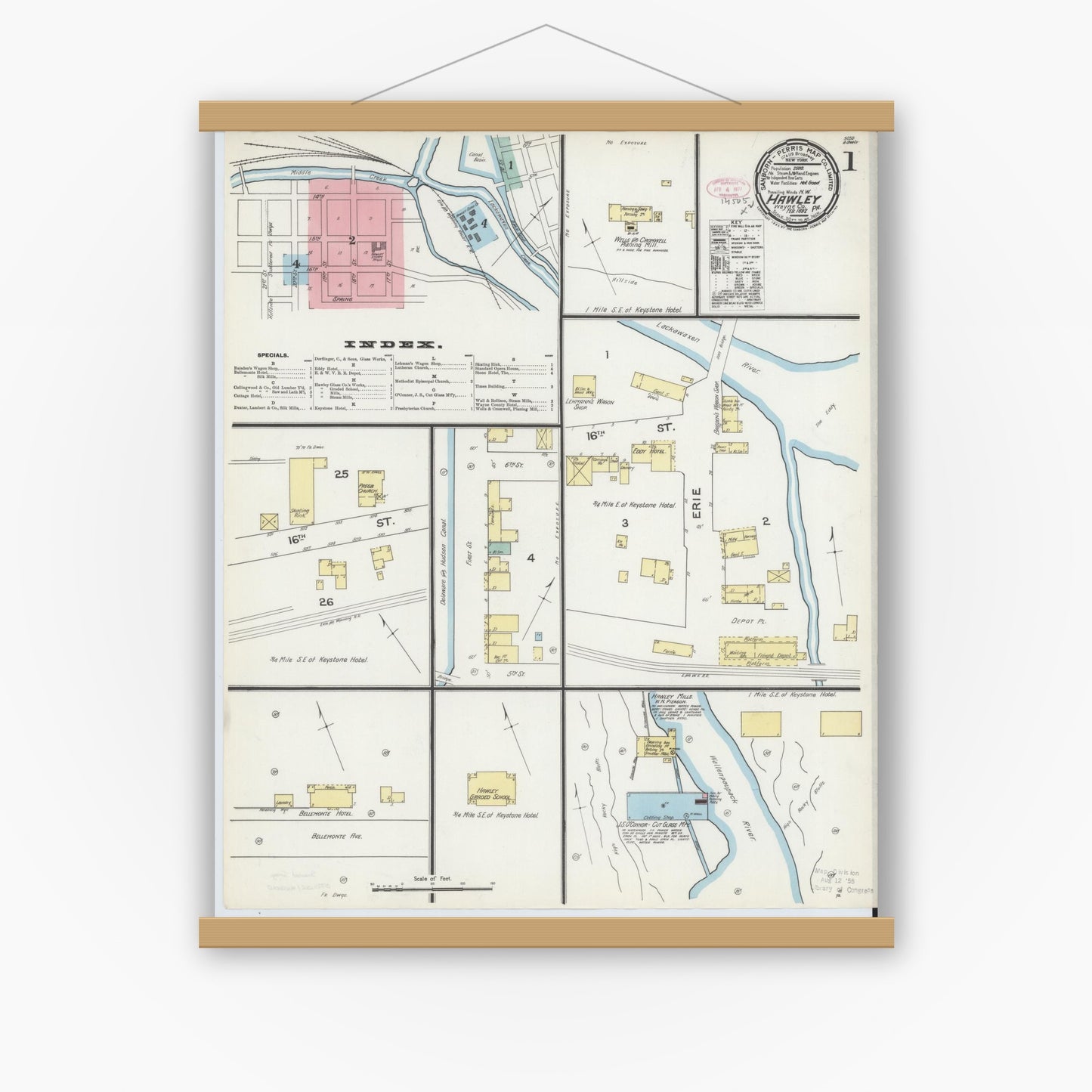 Old map wall art mockup — magnetic wood frame on white wall — Sanborn Fire Insurance Map from Hawley, Wayne County, Pennsylvania (1892), Sheet #0001