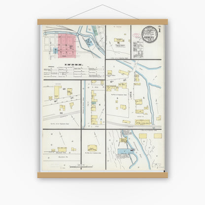 Old map wall art mockup — magnetic wood frame on white wall — Sanborn Fire Insurance Map from Hawley, Wayne County, Pennsylvania (1892), Sheet #0001