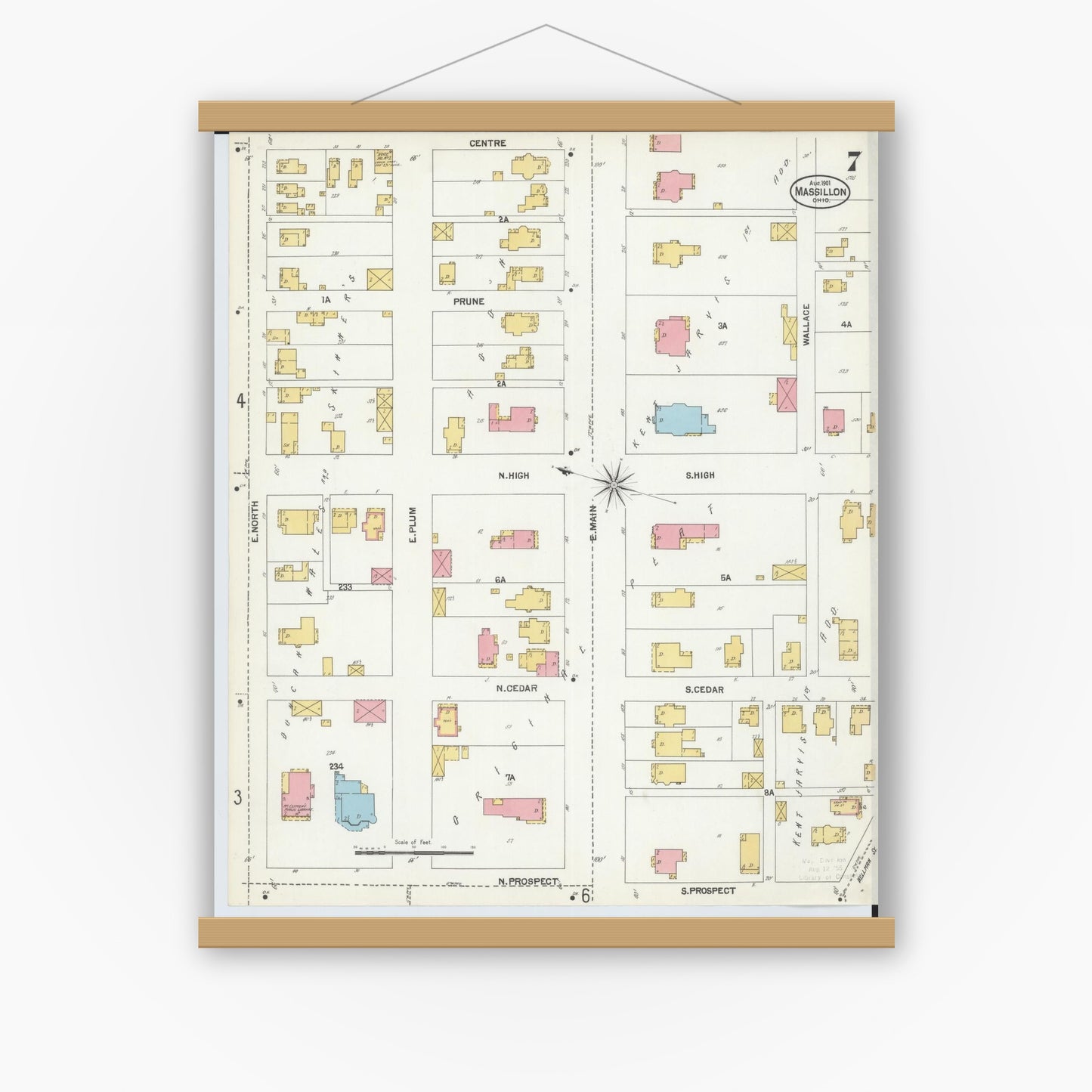 Old map wall art mockup — magnetic wood frame on white wall — Sanborn Fire Insurance Map from Massillon, Stark County, Ohio (1901), Sheet #0007